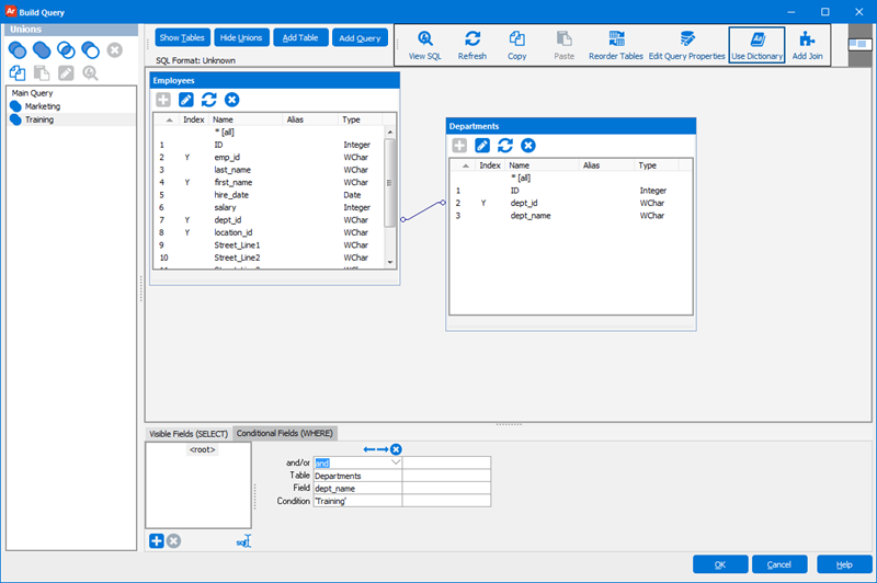 This shows the main query and the marketing and training Unions listed within the Unions pane of the Build Query dialog box.